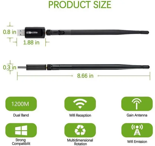 Alt view image 2 of 6 - USB WiFi Adapter for PC,Ultra Fast AC1200Mbps WiFi Dongle,High Gain WiFi USB,Dual Band WiFi Adapter for Desktop PC, 802.11ac USB Computer Network Adapter Support for WIN7 8 10 XP Vista MAC