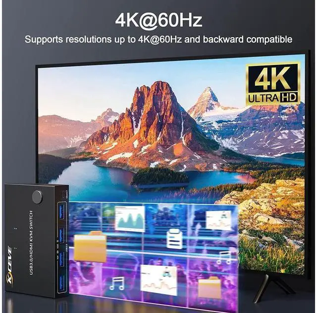 Alt view image 3 of 7 - KVM Switch HDMI 2 Port, USB 3.0 HDMI KVM Switcher Selector Box 2 in 1 Out with EDID Simulator Function Support 4K @60Hz Resolution for 2 Computers Share Mouse Keyboard and Monitor eokCXOY