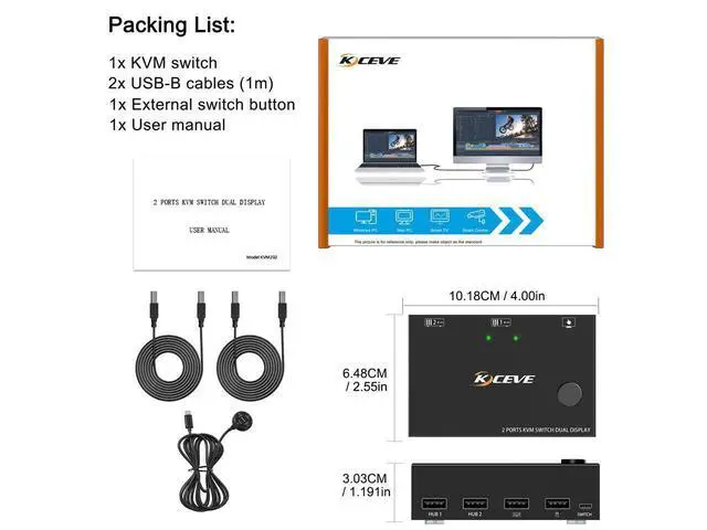 Alt view image 7 of 7 - 2 Port Dual Monitor HDMI KVM Switch 4K @30Hz, USB HDMI Extended Display Switcher for 2 Computers Share 2 Monitors and 4 USB 2.0 Hub, USB KVM Switch with Desktop Controller and USB Cables Included