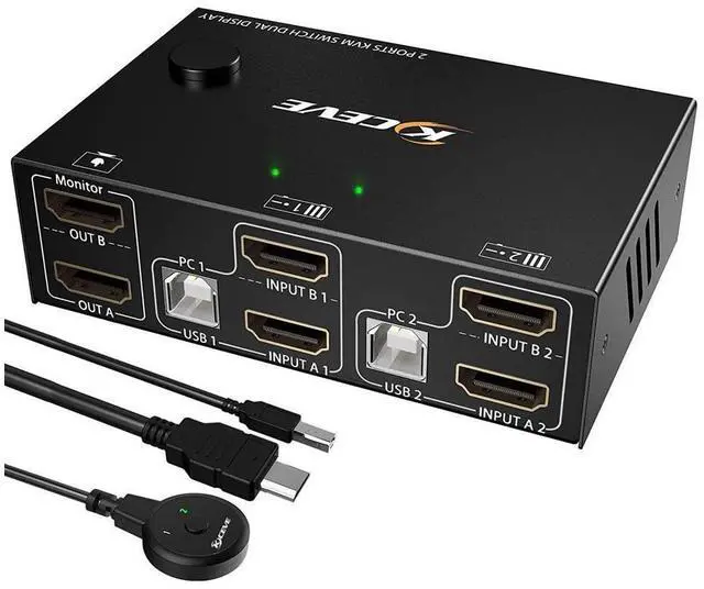 Main image of 2 Port Dual Monitor HDMI KVM Switch 4K @30Hz, USB HDMI Extended Display Switcher for 2 Computers Share 2 Monitors and 4 USB 2.0 Hub, USB KVM Switch with Desktop Controller and USB Cables Included