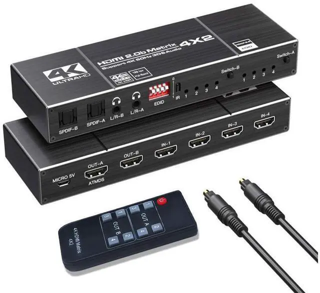 Main image of 4K @60Hz 4x2 HDMI Matrix Switch, 4K HDMI 2.0b Matrix Switcher 4 in 2 Out, 4K HDMI Switcher Splitter + Optical and L/R Audio Output, Scaler EDID with Remote, HDCP2.2, HDR 10 eokCXOY