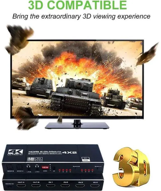 Alt view image 7 of 7 - 4K @60Hz 4x2 HDMI Matrix Switch, 4K HDMI 2.0b Matrix Switcher 4 in 2 Out, 4K HDMI Switcher Splitter + Optical and L/R Audio Output, Scaler EDID with Remote, HDCP2.2, HDR 10 eokCXOY