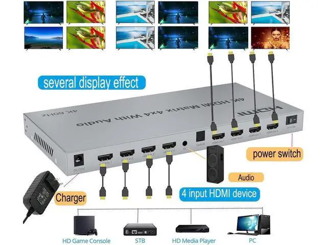 Alt view image 4 of 7 - 4K HDMI Splitter, 4 in 4 Out HDMI Matrix Switch, HDMI 2.0 Support 3840x2160@60Hz with Audio Switch, IR Remote+ Button Press + RS232 Control, Support EDID Audio Extractor, 3D, HDR, 18 GBPS, HDCP 2.2