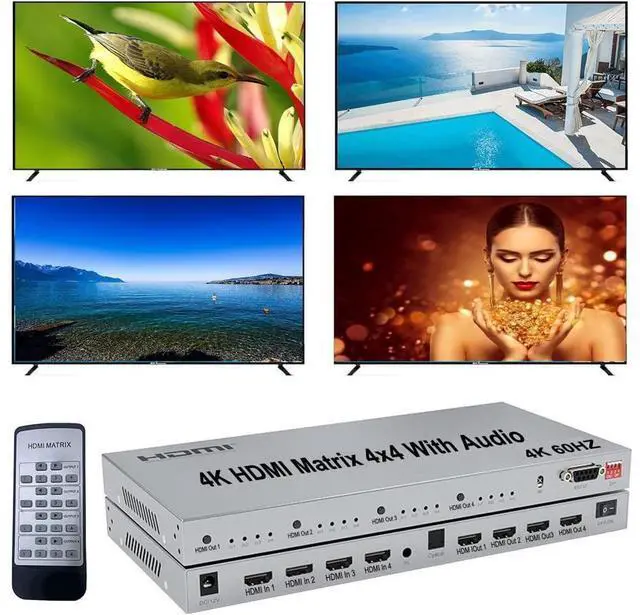 Main image of 4K HDMI Splitter, 4 in 4 Out HDMI Matrix Switch, HDMI 2.0 Support 3840x2160@60Hz with Audio Switch, IR Remote+ Button Press + RS232 Control, Support EDID Audio Extractor, 3D, HDR, 18 GBPS, HDCP 2.2