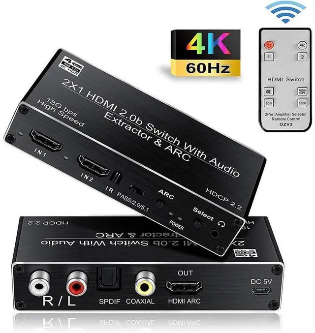 Alt view image 2 of 7 - HDMI Switch Audio Extractor, HDMI Switch Splitter 2 Inputs 1 Output with Remote 4K@60hz, 2-Port HDMI2.0b Switcher Box with Optical Toslink SPDIF+Coaxial+Analog RCA Stereo Audio Out eokCXOY