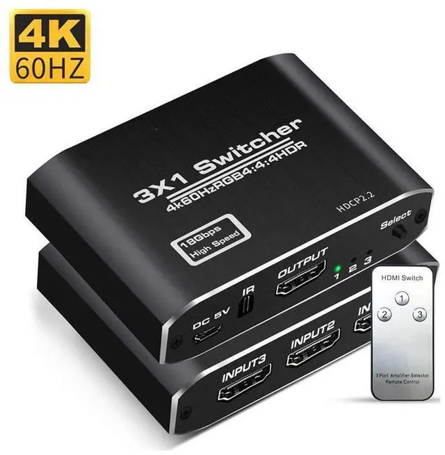 Main image of HDMI 2.0 Switch 3 Input 1 Output Switch HD 4Kx2K@60HZ HDR, 3D 1080P Remote/Manual switching for Xbox,PS4 Nintendo Switch/Wii,Beamer,DVB receiver,Blu-ray,DVD players,Apple TV,Roku Stick/Fire Stick,PC