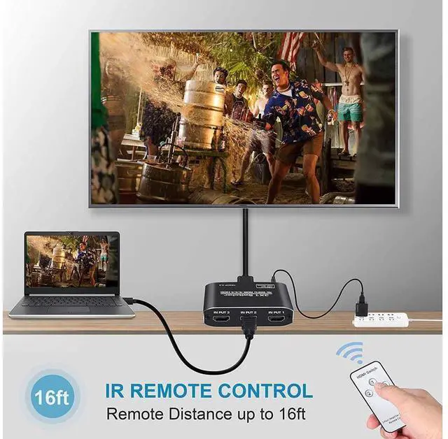 Alt view image 7 of 7 - HDMI 2.0 Switch 3 Input 1 Output Switch HD 4Kx2K@60HZ HDR, 3D 1080P Remote/Manual switching for Xbox,PS4 Nintendo Switch/Wii,Beamer,DVB receiver,Blu-ray,DVD players,Apple TV,Roku Stick/Fire Stick,PC