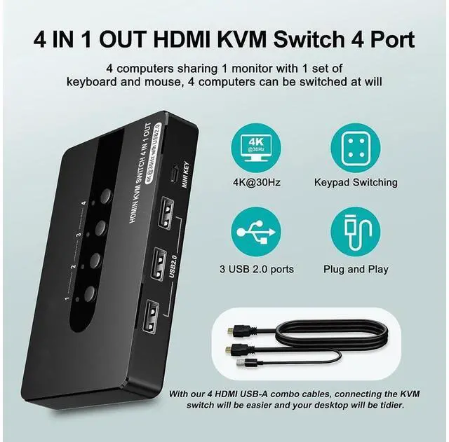 Alt view image 2 of 7 - 4 Port HDMI KVM Switch for 4 Computers 1 Monitor, 4 in 1 Out HDMI KVM Switches Support UHD 4K@30HZ with 3 USB 2.0 Port to Share Keyboard Mouse Printer, with Remote Control&Button Switch, Support EDID