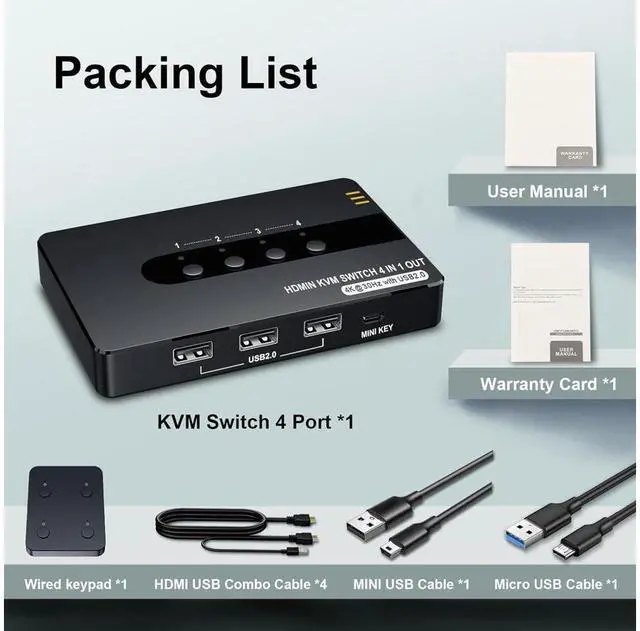 Alt view image 7 of 7 - 4 Port HDMI KVM Switch for 4 Computers 1 Monitor, 4 in 1 Out HDMI KVM Switches Support UHD 4K@30HZ with 3 USB 2.0 Port to Share Keyboard Mouse Printer, with Remote Control&Button Switch, Support EDID
