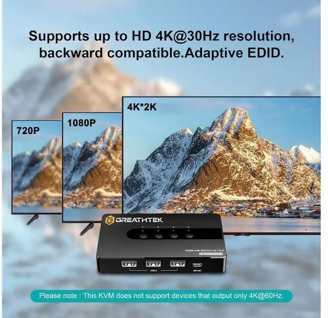 Alt view image 5 of 7 - 4 Port HDMI KVM Switch for 4 Computers 1 Monitor, 4 in 1 Out HDMI KVM Switches Support UHD 4K@30HZ with 3 USB 2.0 Port to Share Keyboard Mouse Printer, with Remote Control&Button Switch, Support EDID