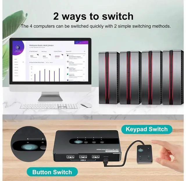 Alt view image 4 of 7 - 4 Port HDMI KVM Switch for 4 Computers 1 Monitor, 4 in 1 Out HDMI KVM Switches Support UHD 4K@30HZ with 3 USB 2.0 Port to Share Keyboard Mouse Printer, with Remote Control&Button Switch, Support EDID