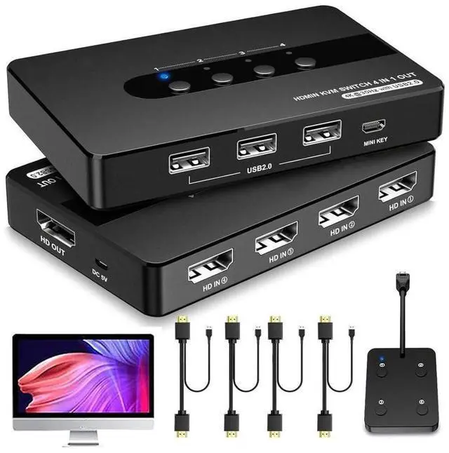 Main image of 4 Port HDMI KVM Switch for 4 Computers 1 Monitor, 4 in 1 Out HDMI KVM Switches Support UHD 4K@30HZ with 3 USB 2.0 Port to Share Keyboard Mouse Printer, with Remote Control&Button Switch, Support EDID