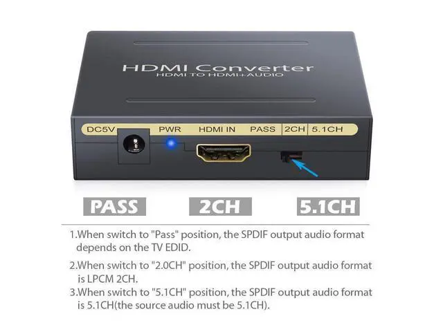 Alt view image 5 of 7 - HDMI Audio Extractor Splitter HDMI to HDMI + Optical + RCA L/R Stereo Audio Out Supports 4k 3D, 1080P(50/60HZ) for Apple TV, PS3/4, Xbox, PC/laptop, HD camera, HD DVR etc eokCXOY