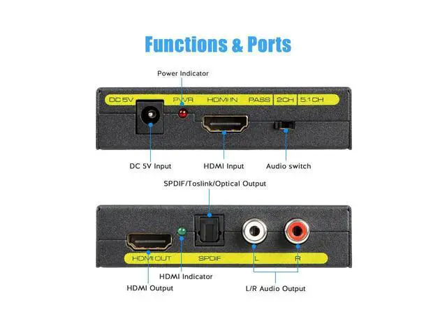 Alt view image 3 of 7 - HDMI Audio Extractor Splitter HDMI to HDMI + Optical + RCA L/R Stereo Audio Out Supports 4k 3D, 1080P(50/60HZ) for Apple TV, PS3/4, Xbox, PC/laptop, HD camera, HD DVR etc eokCXOY