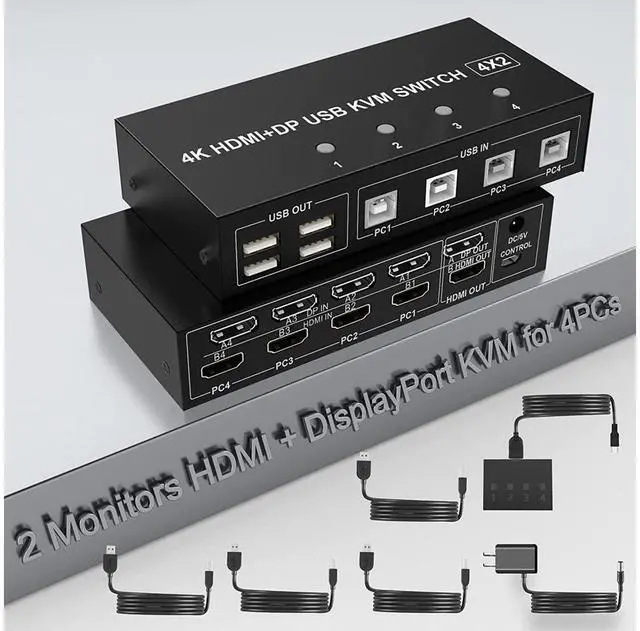 Main image of 4 Port HDMI + Displayport KVM Switch Dual Monitor 4 Computers 4K @60Hz Support HDMI2.0 DP1.2 KVM Switch with 4 USB 2.0 Hub, Keyboard Mouse Monitor Switcher for 4 PCs Dual Monitors 4 in 2 Out (HDMI+DP)