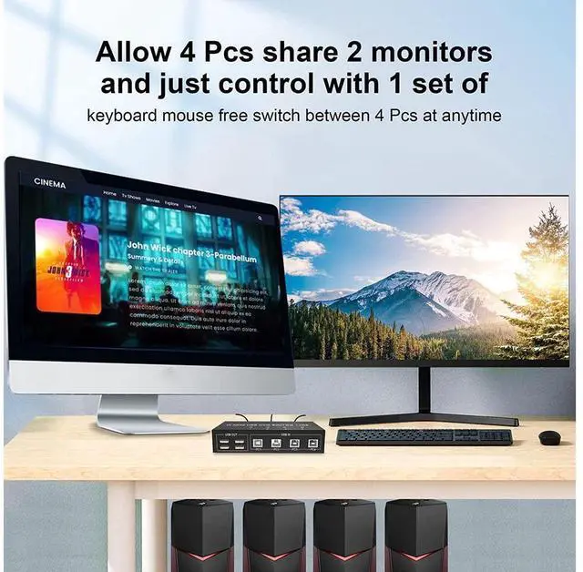 Alt view image 3 of 7 - 4 Port HDMI + Displayport KVM Switch Dual Monitor 4 Computers 4K @60Hz Support HDMI2.0 DP1.2 KVM Switch with 4 USB 2.0 Hub, Keyboard Mouse Monitor Switcher for 4 PCs Dual Monitors 4 in 2 Out (HDMI+DP)