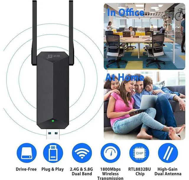 Alt view image 7 of 7 - USB WiFi 6 Adapter for PC, AX1800 USB 3.0 Dual Band Wireless Network Adapter with 2.4G/5G High Gain Antenna, 1800Mbps WiFi Dongle USB WiFi Adapter for PC Desktop Laptop Support Windows11/10 (Black)