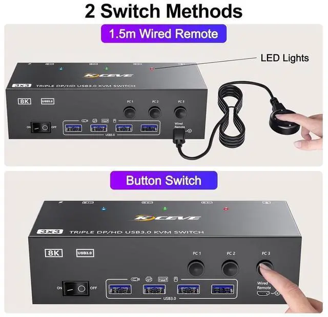 Alt view image 5 of 7 - USB 3.0 KVM Switch 3 PC 3 Monitors, [2 Displayport + HDMI] Triple Monitors KVM Switch, 8K@ 60Hz KVM Switch 4K@144Hz, KVM Switch Displayport 1.4 + HDMI 2.1 for 3 PC Share 3 Display and 4 USB 3.0 Device