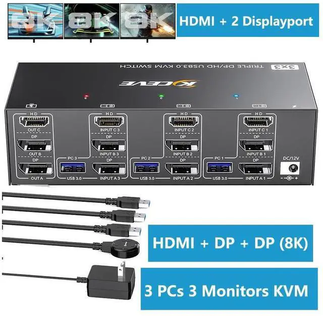 Main image of USB 3.0 KVM Switch 3 PC 3 Monitors, [2 Displayport + HDMI] Triple Monitors KVM Switch, 8K@ 60Hz KVM Switch 4K@144Hz, KVM Switch Displayport 1.4 + HDMI 2.1 for 3 PC Share 3 Display and 4 USB 3.0 Device