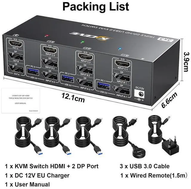 Alt view image 7 of 7 - USB 3.0 KVM Switch 3 PC 3 Monitors, [2 Displayport + HDMI] Triple Monitors KVM Switch, 8K@ 60Hz KVM Switch 4K@144Hz, KVM Switch Displayport 1.4 + HDMI 2.1 for 3 PC Share 3 Display and 4 USB 3.0 Device