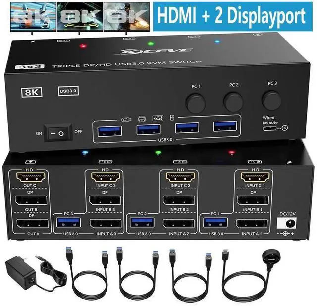 Main image of [HDMI + 2 DP] Triple Monitor KVM Switch 3 Computers 3 Monitors, HDMI + 2 Displayport USB 3.0 KVM Switch with 3 PC Share 3 Display and 4 USB 3.0 Devices, Wired Remote and 12V power adapter Included