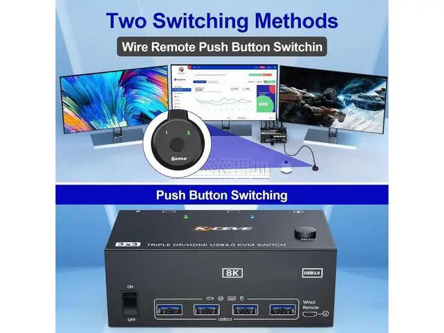 Alt view image 5 of 7 - [HDMI + 2 DP] Triple Monitor KVM Switch 3 Computers 3 Monitors, HDMI + 2 Displayport USB 3.0 KVM Switch with 3 PC Share 3 Display and 4 USB 3.0 Devices, Wired Remote and 12V power adapter Included