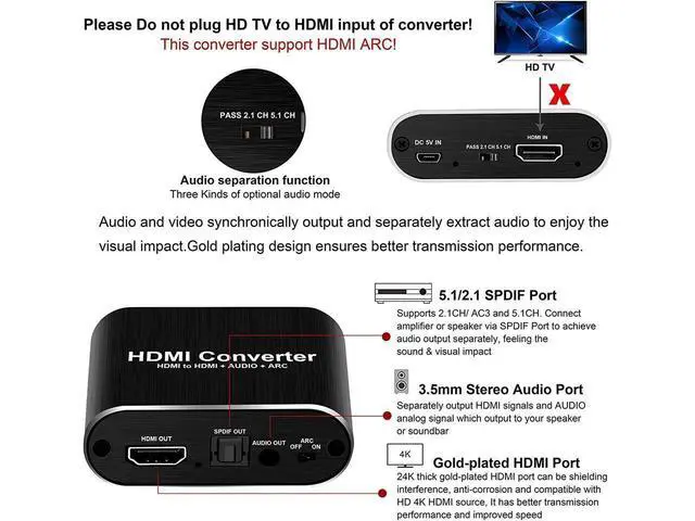 Alt view image 6 of 7 - 4K 60Hz HDMI 2.0 5.1 ARC Audio Extractor for PS5 Xbox Series X 4K HDMI Audio Extractor converter HDMI + SPDIF + 3.5 mm audio Output,OZV8 eokCXOY