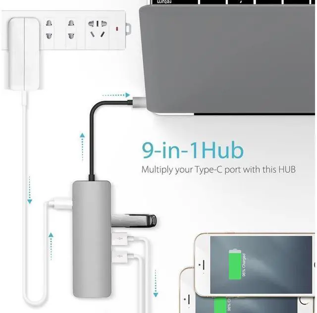 Alt view image 3 of 7 - USB C Hub, USB C Adapter 9 in 1 with USB-C Charging, Port of Mic/Audio,3 USB 3.0 Ports, HDMI, SD, Micro SD Compatible for MacBook Pro, Surface Pro,Notebook PC, USB Flash Drives and More eokCXOY