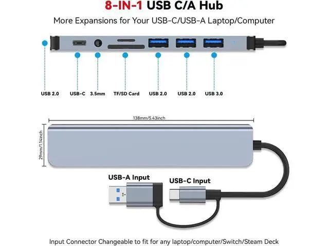 Alt view image 2 of 7 - USB C Hub USB Splitter 8 in 1 USB Extender with 4 USB Port 1 USBC TF/SD Card Reader 3.5mm Audio Output for MacBook Pro/iPad Pro/HP Laptop/Galaxy Phones (1 to 8) eokCXOY