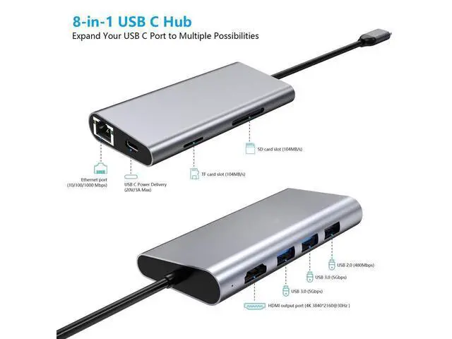 Alt view image 2 of 7 - USB-C HUB Multiport USB C Adapter, 8-in-1 Type-C Dongle USB-C Thunderbolt 3 Dock Portable with Gigabit Ethernet, 60W USB C PD Charge Port, 4K HDMI, SD/TF Card Reader, 3-USB 3.0 Ports for MacBook/Pro