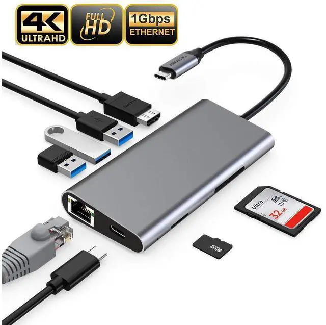 Main image of USB-C HUB Multiport USB C Adapter, 8-in-1 Type-C Dongle USB-C Thunderbolt 3 Dock Portable with Gigabit Ethernet, 60W USB C PD Charge Port, 4K HDMI, SD/TF Card Reader, 3-USB 3.0 Ports for MacBook/Pro