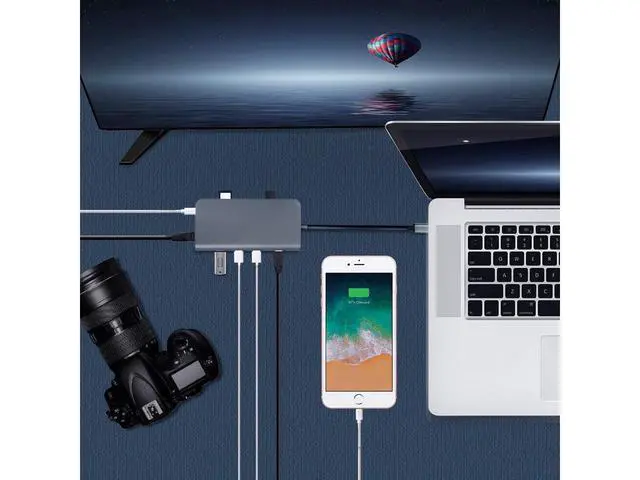 Alt view image 4 of 7 - USB-C HUB Multiport USB C Adapter, 8-in-1 Type-C Dongle USB-C Thunderbolt 3 Dock Portable with Gigabit Ethernet, 60W USB C PD Charge Port, 4K HDMI, SD/TF Card Reader, 3-USB 3.0 Ports for MacBook/Pro