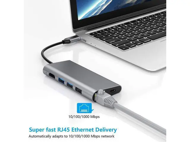 Alt view image 6 of 7 - USB-C HUB Multiport USB C Adapter, 8-in-1 Type-C Dongle USB-C Thunderbolt 3 Dock Portable with Gigabit Ethernet, 60W USB C PD Charge Port, 4K HDMI, SD/TF Card Reader, 3-USB 3.0 Ports for MacBook/Pro