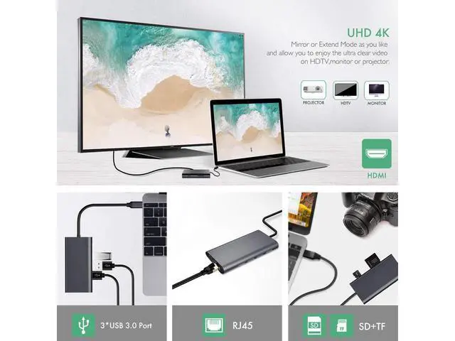 Alt view image 3 of 7 - USB-C HUB Multiport USB C Adapter, 8-in-1 Type-C Dongle USB-C Thunderbolt 3 Dock Portable with Gigabit Ethernet, 60W USB C PD Charge Port, 4K HDMI, SD/TF Card Reader, 3-USB 3.0 Ports for MacBook/Pro