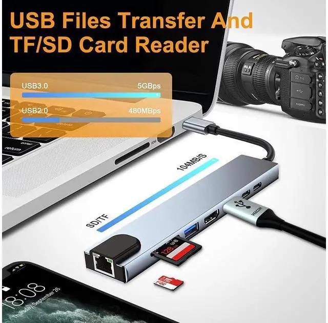 Alt view image 2 of 7 - 8 in 1 USB C Hub, Multiport USB Type C Adapter 8 Ports, Type-C Dongle USB-C to 4K HDMI, RJ45 Ethernet, PD Charger, USB 3.0 USB 2.0, SD/TF Card Reader, Type-C Data Port for USB C Laptops eokCXOY