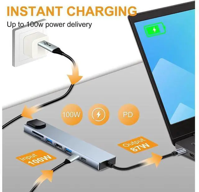 Alt view image 5 of 7 - 8 in 1 USB C Hub, Multiport USB Type C Adapter 8 Ports, Type-C Dongle USB-C to 4K HDMI, RJ45 Ethernet, PD Charger, USB 3.0 USB 2.0, SD/TF Card Reader, Type-C Data Port for USB C Laptops eokCXOY