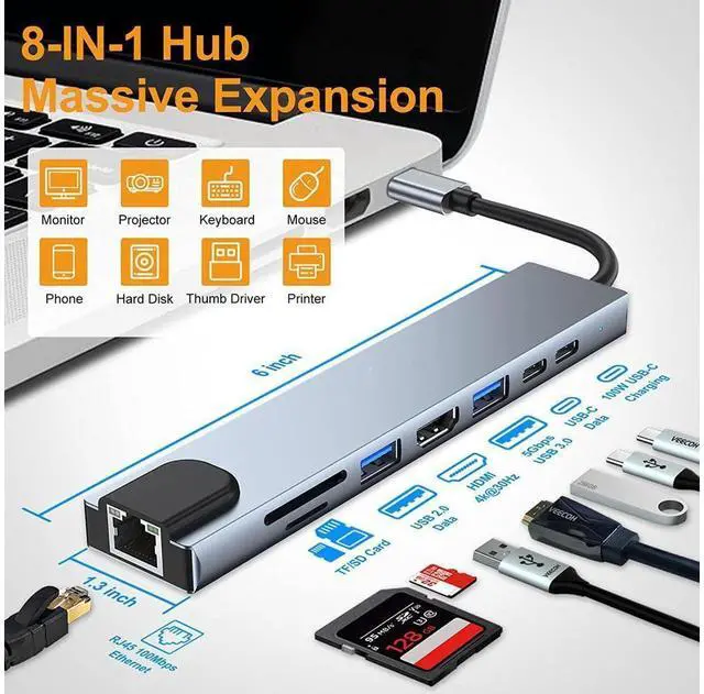 Alt view image 6 of 7 - 8 in 1 USB C Hub, Multiport USB Type C Adapter 8 Ports, Type-C Dongle USB-C to 4K HDMI, RJ45 Ethernet, PD Charger, USB 3.0 USB 2.0, SD/TF Card Reader, Type-C Data Port for USB C Laptops eokCXOY