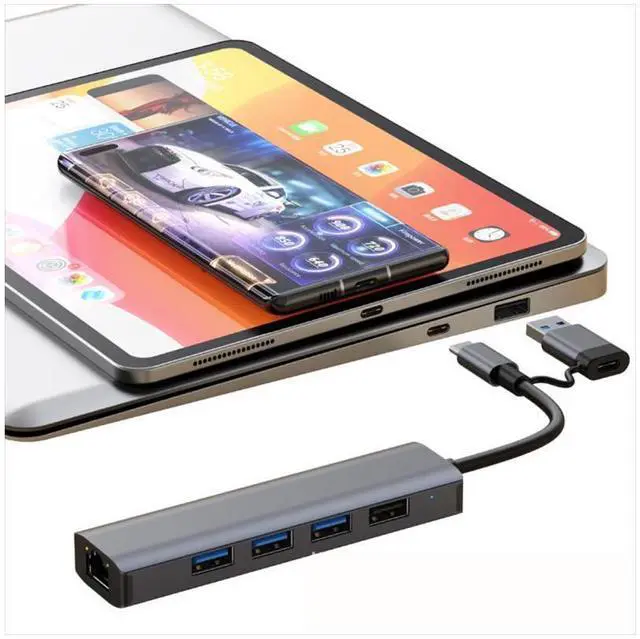 Alt view image 3 of 7 - USB C & USB 3.0 to Ethernet Adapter, [3x USB 3.0 + 1x USB 2.0] 5 in 1 USB Hub with RJ45 10/100/1000 Gigabit Ethernet Adapter Support Windows 10,8.1,Mac OS, Surface Pro,Linux,Chromebook and More