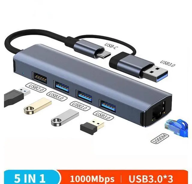 Main image of USB C & USB 3.0 to Ethernet Adapter, [3x USB 3.0 + 1x USB 2.0] 5 in 1 USB Hub with RJ45 10/100/1000 Gigabit Ethernet Adapter Support Windows 10,8.1,Mac OS, Surface Pro,Linux,Chromebook and More