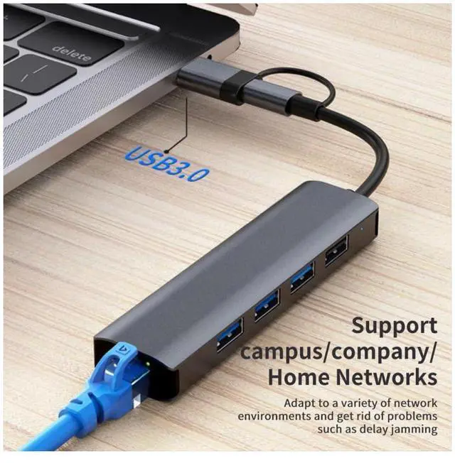 Alt view image 4 of 7 - USB C & USB 3.0 to Ethernet Adapter, [3x USB 3.0 + 1x USB 2.0] 5 in 1 USB Hub with RJ45 10/100/1000 Gigabit Ethernet Adapter Support Windows 10,8.1,Mac OS, Surface Pro,Linux,Chromebook and More