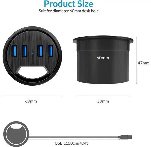 Alt view image 7 of 7 - Desk Grommet USB Hub, 4 Port USB 3.0 Hub, 5Gbps Data Transmission with 4.9ft Cord for Diameter 2.36" or 60mm Hole, Office Accessories, for PC, Flash Drive, HDD Enclosure and Other USB Devices eokCXOY