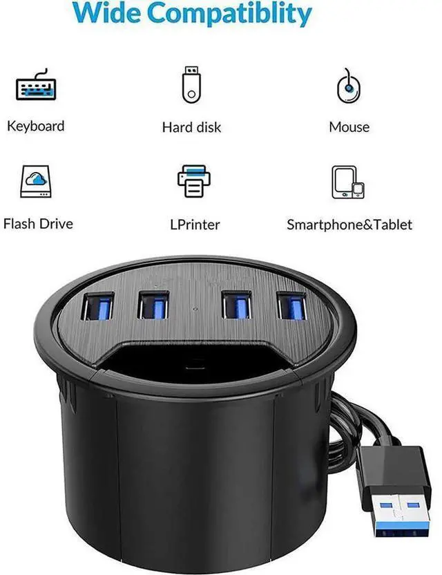 Alt view image 2 of 7 - Desk Grommet USB Hub, 4 Port USB 3.0 Hub, 5Gbps Data Transmission with 4.9ft Cord for Diameter 2.36" or 60mm Hole, Office Accessories, for PC, Flash Drive, HDD Enclosure and Other USB Devices eokCXOY