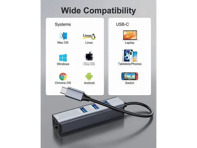 Alt view image 5 of 7 - USB C to 3 x USB 3.0 Hub with Ethernet Adapter, 4-in-1 10/100/1000Mbps Ethernet RJ45 to USB-C/Thunderbolt 3 to Gigabit Ethernet LAN Network Adapter for Mac Chromebook, XPS, Surface Book 3/2/Go etc.