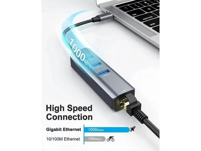 Alt view image 2 of 7 - USB C to 3 x USB 3.0 Hub with Ethernet Adapter, 4-in-1 10/100/1000Mbps Ethernet RJ45 to USB-C/Thunderbolt 3 to Gigabit Ethernet LAN Network Adapter for Mac Chromebook, XPS, Surface Book 3/2/Go etc.