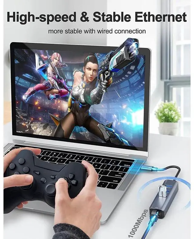 Alt view image 4 of 7 - USB C to 3 x USB 3.0 Hub with Ethernet Adapter, 4-in-1 10/100/1000Mbps Ethernet RJ45 to USB-C/Thunderbolt 3 to Gigabit Ethernet LAN Network Adapter for Mac Chromebook, XPS, Surface Book 3/2/Go etc.