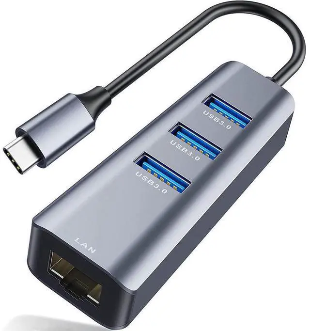 Main image of USB C to 3 x USB 3.0 Hub with Ethernet Adapter, 4-in-1 10/100/1000Mbps Ethernet RJ45 to USB-C/Thunderbolt 3 to Gigabit Ethernet LAN Network Adapter for Mac Chromebook, XPS, Surface Book 3/2/Go etc.