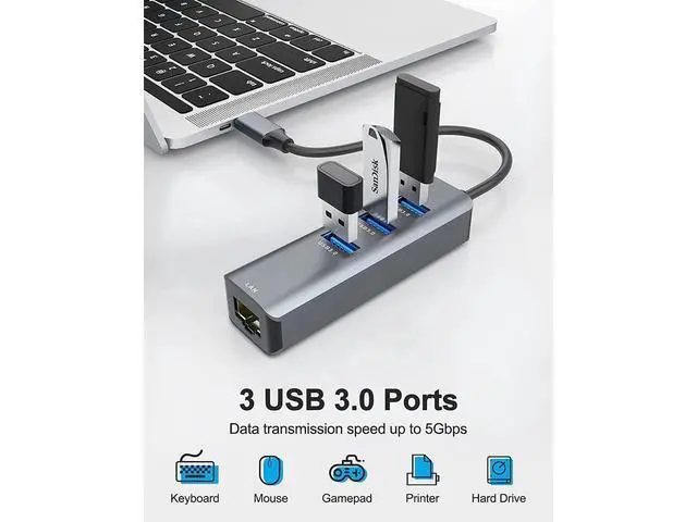 Alt view image 3 of 7 - USB C to 3 x USB 3.0 Hub with Ethernet Adapter, 4-in-1 10/100/1000Mbps Ethernet RJ45 to USB-C/Thunderbolt 3 to Gigabit Ethernet LAN Network Adapter for Mac Chromebook, XPS, Surface Book 3/2/Go etc.