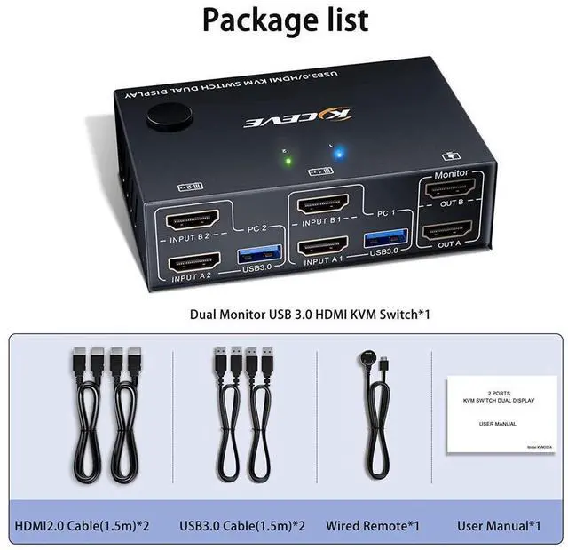 Alt view image 7 of 7 - 2 Port 4K @60Hz Dual Monitor HDMI KVM Switch with USB 3.0 Port Simulation EDID, USB HDMI Extended Display Switcher for 2 Computers Share 2 Monitors and 4 USB 3.0 Devices, with Wired Controller&Cables