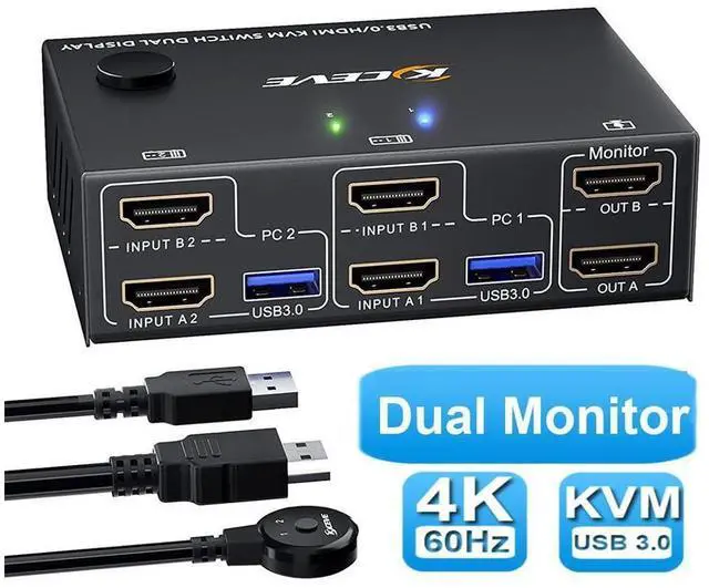Main image of 2 Port 4K @60Hz Dual Monitor HDMI KVM Switch with USB 3.0 Port Simulation EDID, USB HDMI Extended Display Switcher for 2 Computers Share 2 Monitors and 4 USB 3.0 Devices, with Wired Controller&Cables