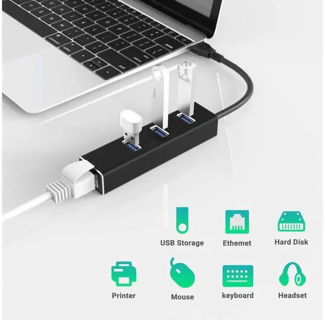 Alt view image 3 of 7 - USB to Ethernet Adapter, USB A to 3 Ports USB 3.0 Hub with 10/100/1000 Mbps LAN RJ45 Gigabit Network Adapter, Supports Windows 10/8/7, Mac OS, Linux eokCXOY